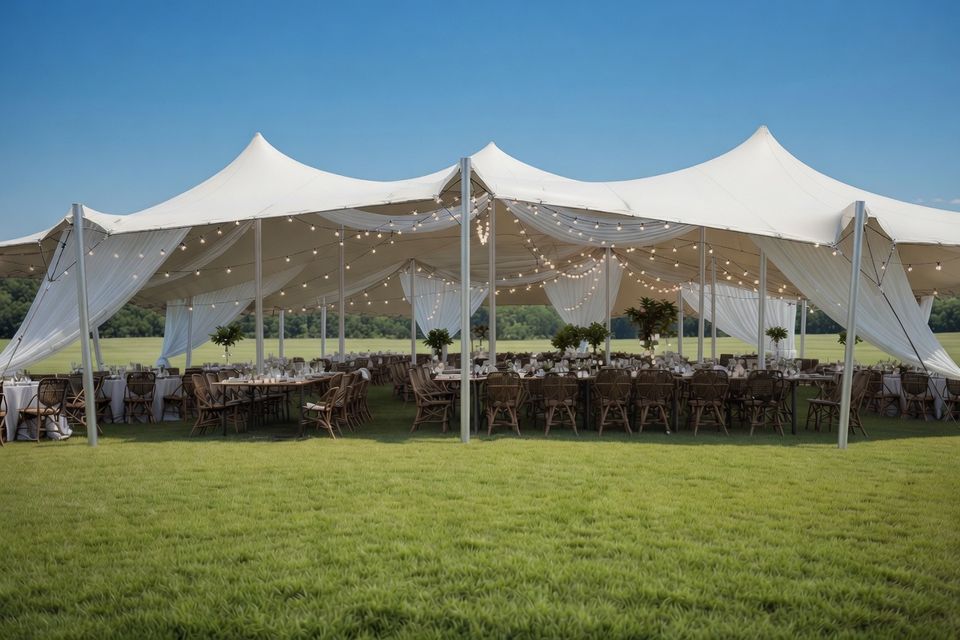 White Bedouin event tent installed on a meadow
