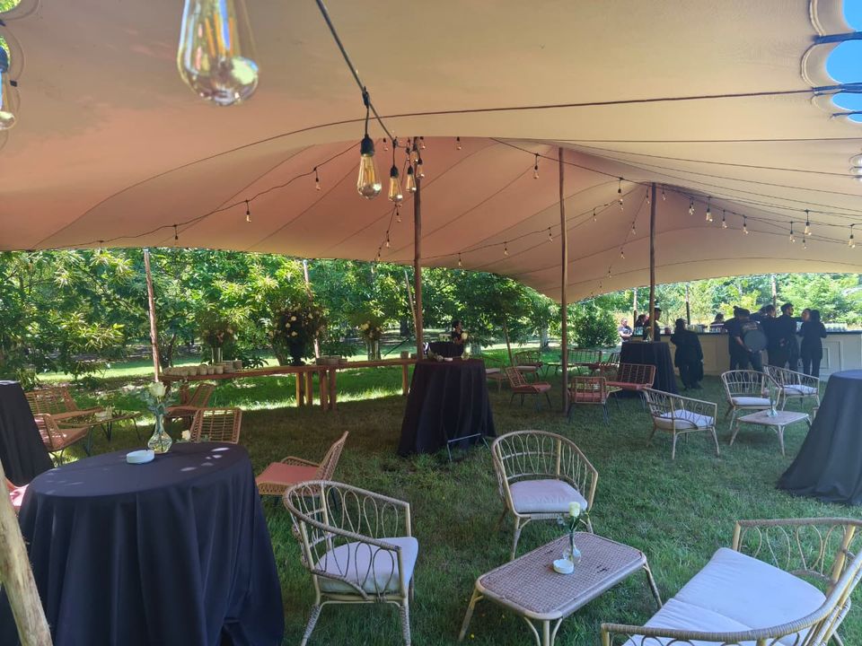 Aerial view of an event tent at sunset