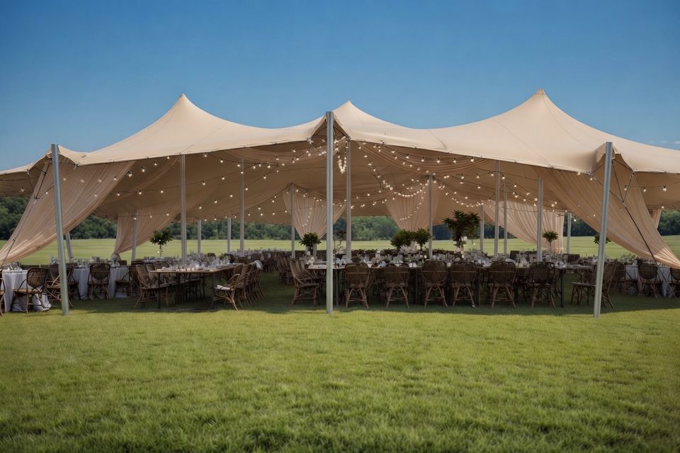 Wedding tent with dining tables arranged in a garden