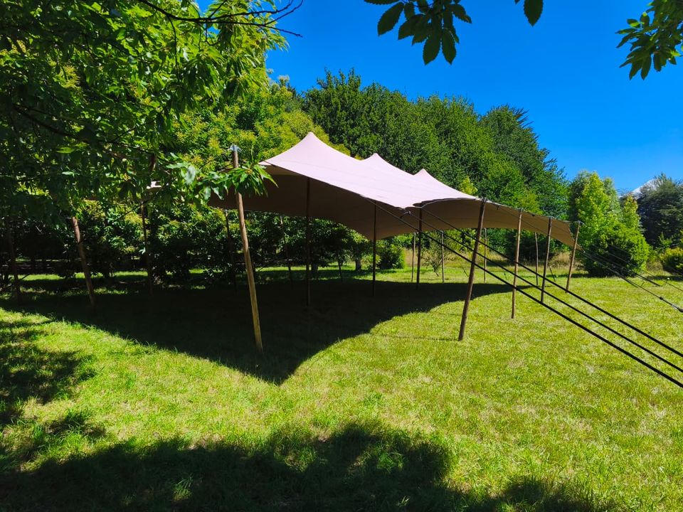 Stretch wedding tent installed in a green garden