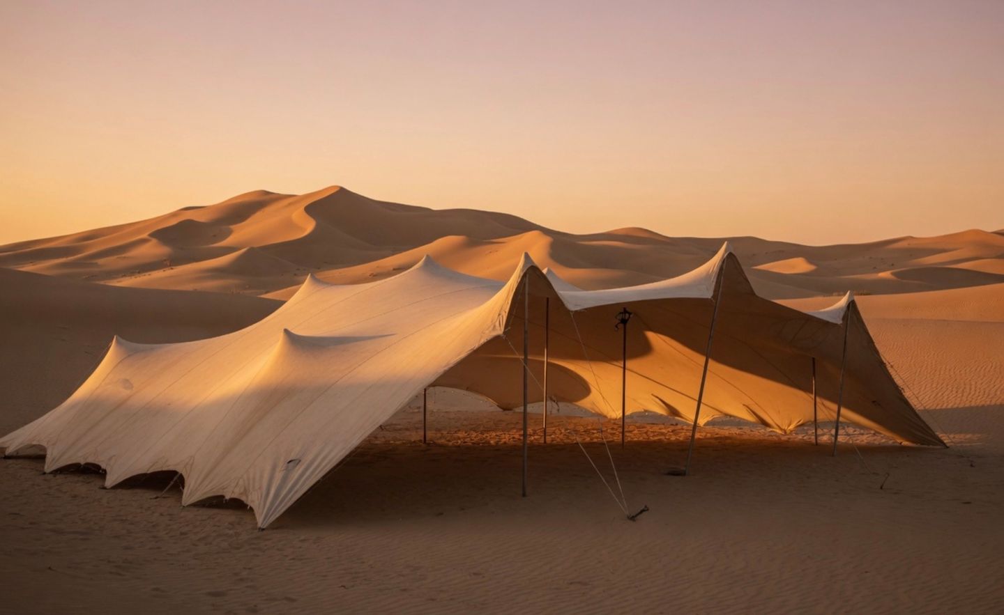 Bedouin stretch tent installed among dunes at sunset