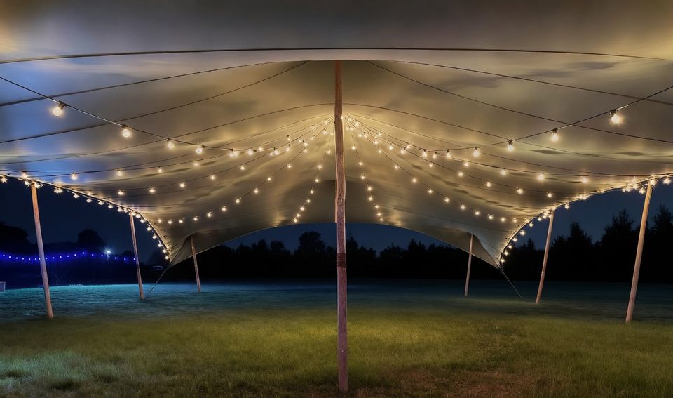 Bedouin stretch tent illuminated during a night event