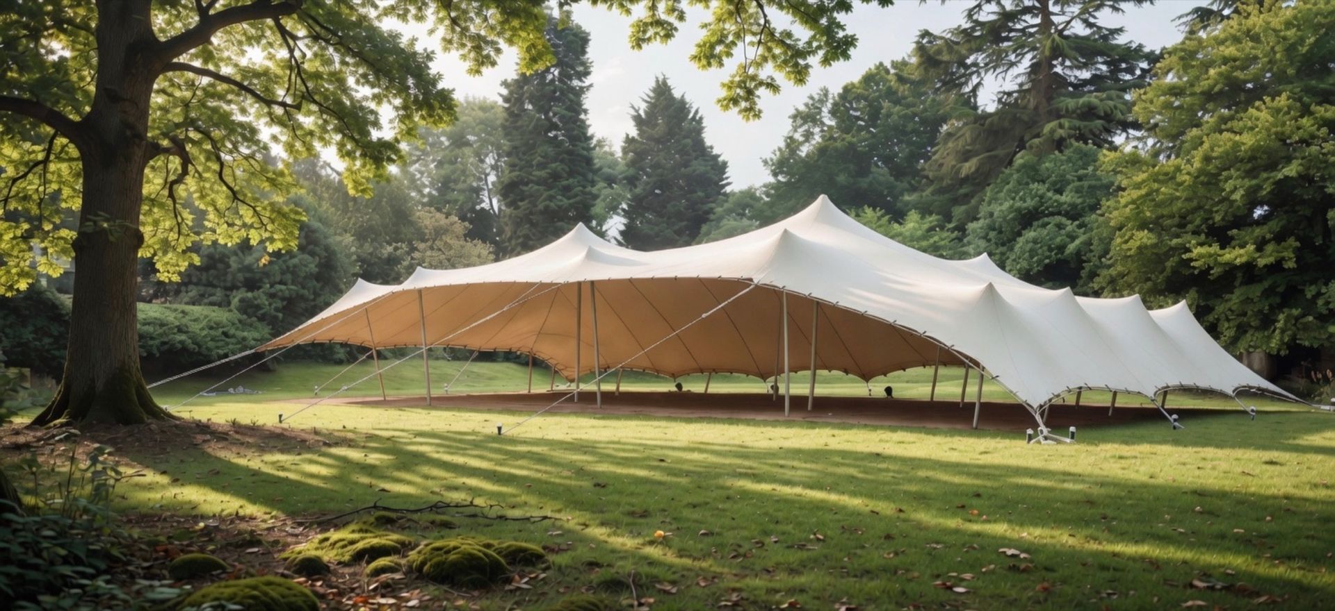 Large Bedu tent installed for an event in a tree-lined garden
