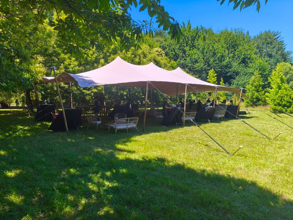 Bedouin stretch tent installed in a garden during the day