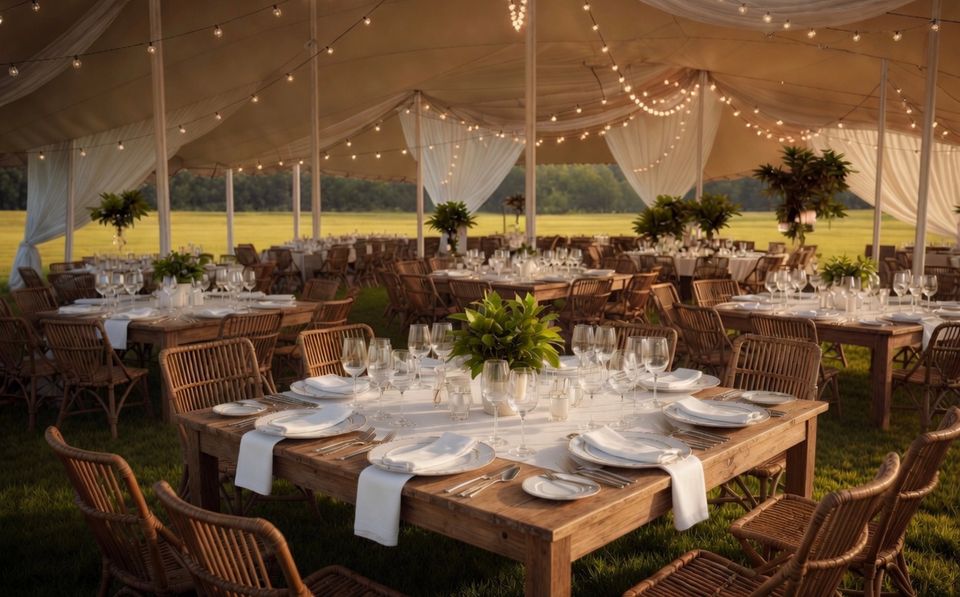 Wedding dinner set beneath a stretch event tent