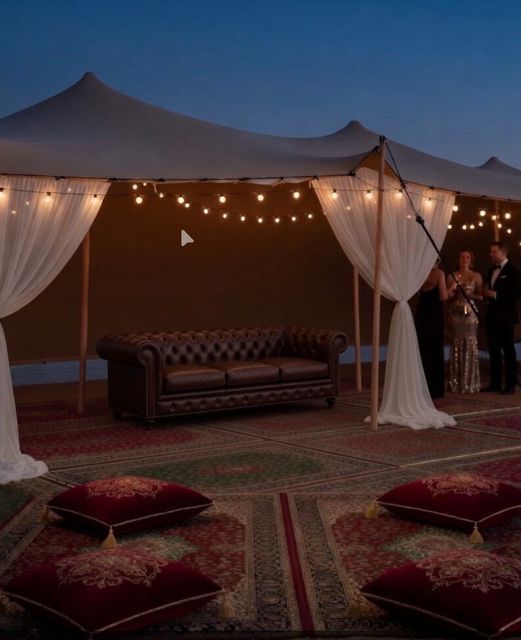 Night lounge with cushions beneath a stretch event tent