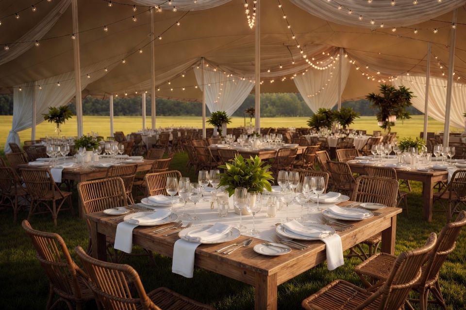 Table setup for an event beneath a Bedouin tent in a garden