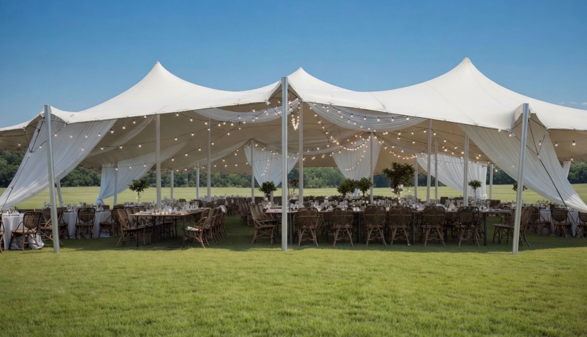 Outdoor reception beneath a large white Bedouin tent in an open field
